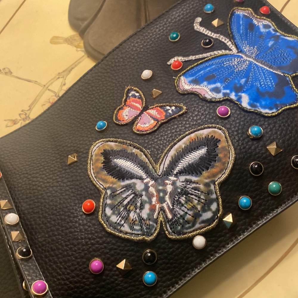 Wristlet 1990’s Purse Clutch Sequined Studs Butterfly Vegan Leather Vintage